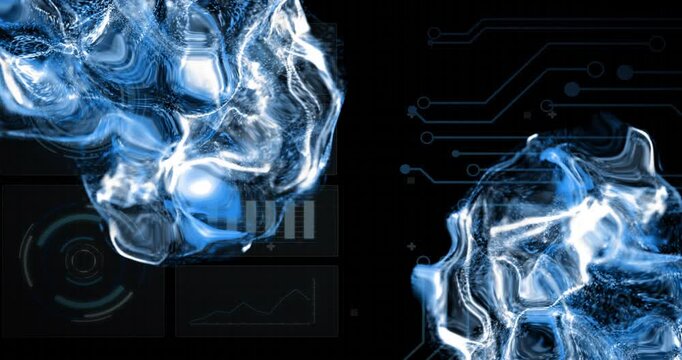 Animation of digital data processing and scope over circuit board and flames
