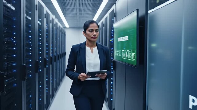 IT Professional in Data Center - A woman in a business suit holds a tablet in a data center and reviews a large screen displaying "Systems Secure" along with various data visualizations.
