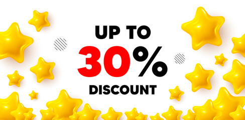 Discount tag winner banner with 3d stars. Golden stars banner. Up to 30 percent discount. Sale offer price sign. Special offer symbol. Save 30 percentages. Review rate background. Vector