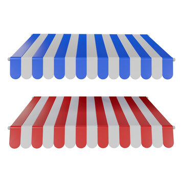 3D render striped awnings in red and blue. Shop canopy sunshades for store fronts, cafes, and market stalls