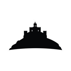 Obraz premium Majestic castle silhouette on hill vector illustration, Black and white silhouette of a castle on a hill, depicted in a vector illustration style