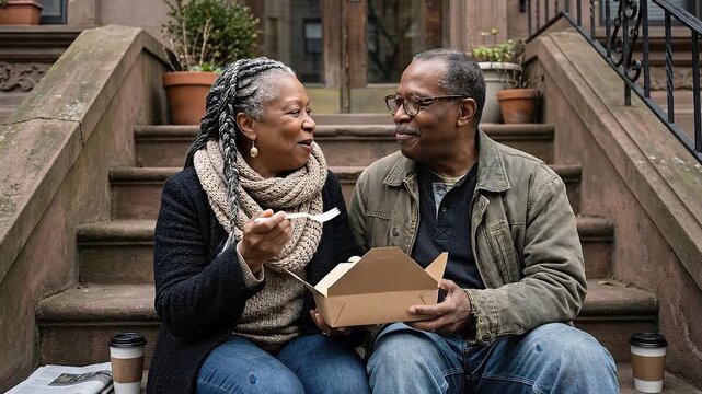 Happy african american woman feeding her husband from takeout box on stoop. Couple enjoying meal on new york brownstone steps.