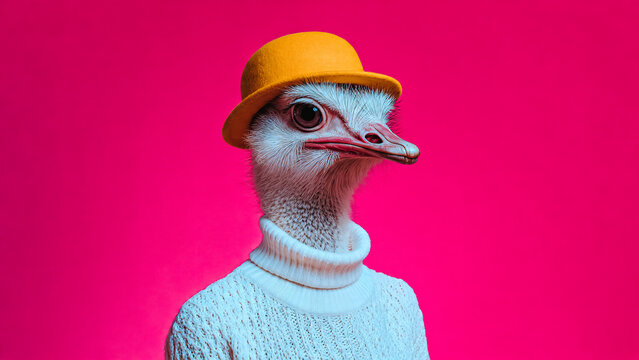 Portrait d'une autruche portant un chapeau melon jaune et un pull blanc a col roul&eacute;
