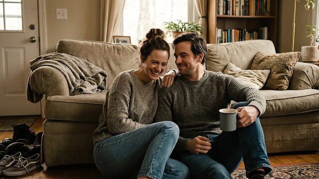 Happy woman and man share cozy moment at home with mugs, laughing and affectionate, for saint valentine day