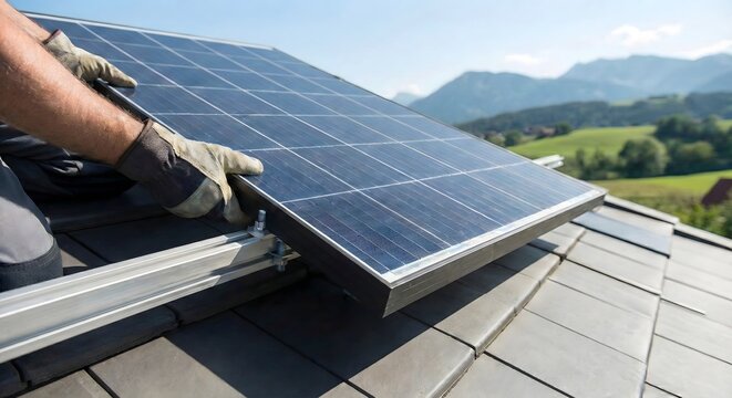 Professional technician hands installing solar panel on roof mounting rails in sunny landscape
