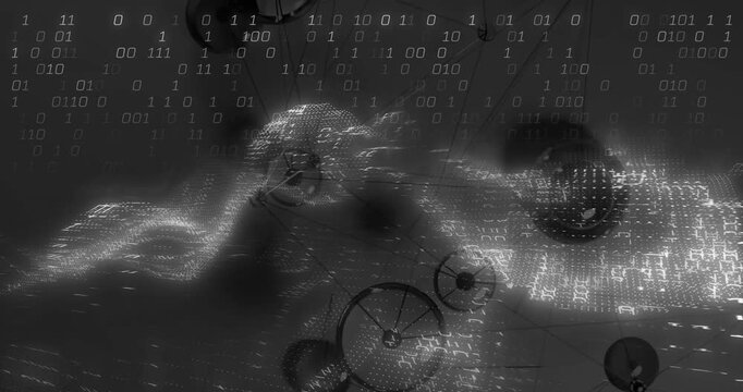 Glowing waveform streaming across interface, linking binary digits and network nodes, flat design