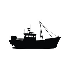 Obraz premium Fishing boat silhouette vector illustration design, A black and white silhouette of a fishing boat with detailed design elements
