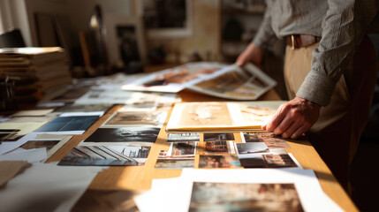 Fototapeta premium Person arranging and reviewing photography prints on a creative mood board.