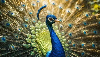 Obraz premium A vibrant peacock displaying its colorful feathers and stunning plumage in full spread