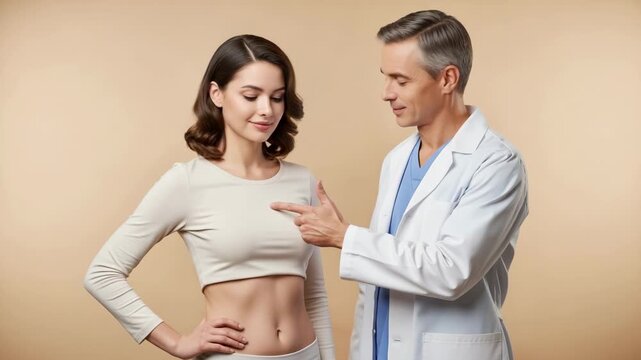 Male plastic surgeon consulting a young female patient about body contouring. Doctor pointing at abdomen and breast for cosmetic enhancement, tummy tuck or augmentation