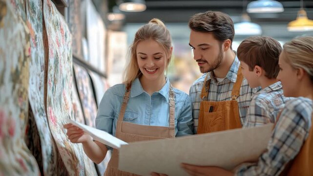 An employee of a construction supermarket or store advises a customer on choosing wallpaper for the living room, in the background there are a number of shelves with a different assortment of wallpape