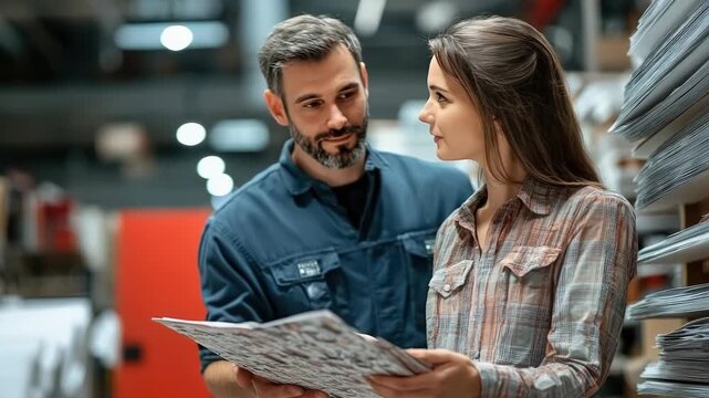 An employee of a construction supermarket or store advises a customer on choosing wallpaper for the living room, in the background there are a number of shelves with a different assortment of wallpape