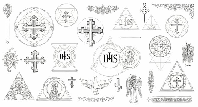 Collection of religious symbols and including crosses and angels in black and white