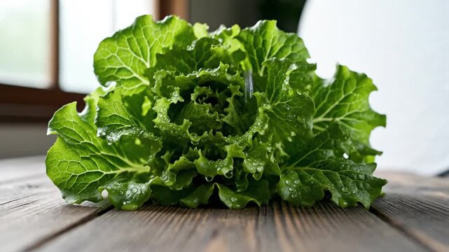Fresh green lettuce leaves being washed in water with gentle splash on rustic wooden surface for healthy eating ideas