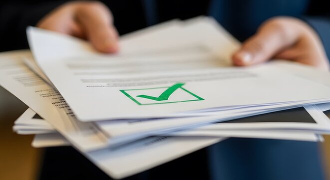 A person holding a stack of papers with a green checkmark