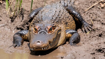 Obraz premium A spectacled caiman with prominent orange eyes rests its leathery scaly skin on the muddy bank of a body of water a powerful reptile basking in natural sunlight
