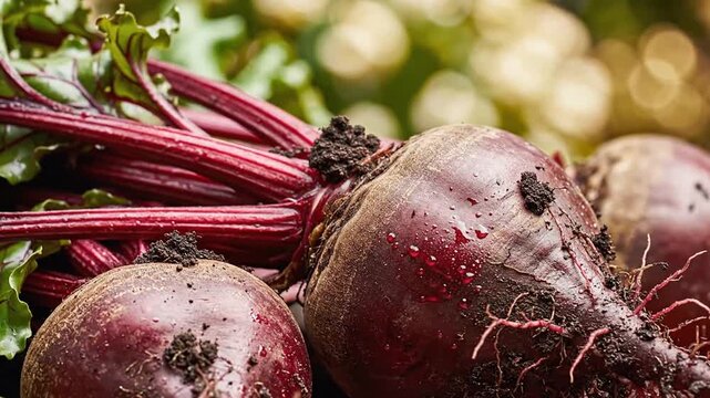 Close-up of freshly harvested beetroots with soil and leafy green tops in a natural garden setting