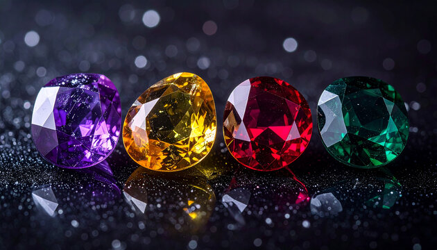Four raw gemstones on dark background with scattered dark particles, nature-inspired mineral scene