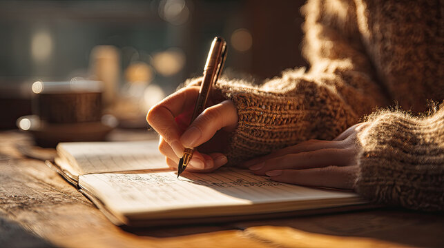 Woman's hands writing a to-do list in a planner bathed in warm sunlight
