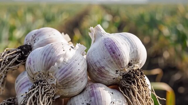 Close-up of freshly harvested garlic bulbs with roots on a rural farm field during daytime