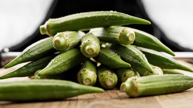 Close-up of fresh green okra pods arranged in a pyramid formation on a wooden surface