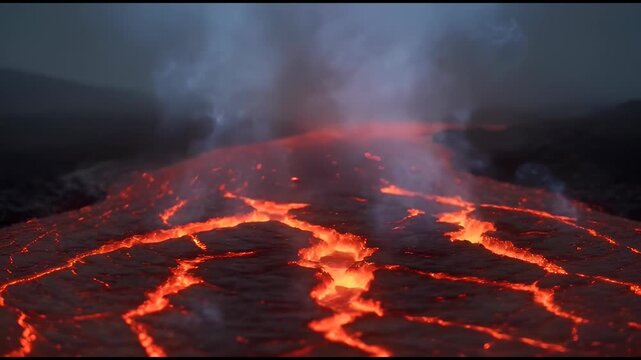 A close-up view of a glowing river of molten lava flowing across dark terrain at night, with cracks exposing bright magma and steam rising from the surface.