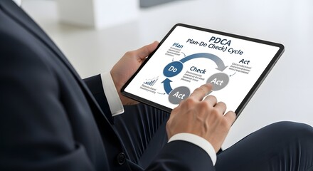 Businessman analyzing data on a tablet with a pie chart and statistics