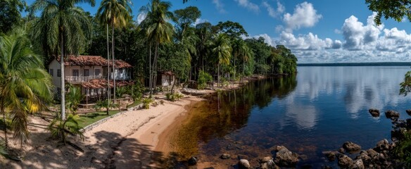 Idyllic riverside house with tropical foliage, sunny beach and sky