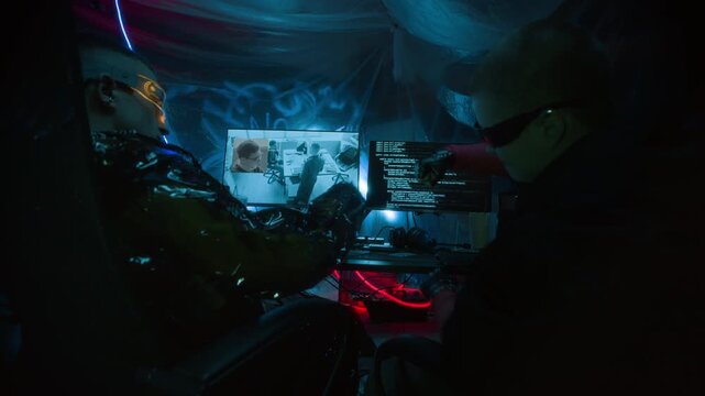 Back low-key shot of two young cyberpunk colleagues wearing futuristic visors fist bumping while sitting at table, programming and monitoring surveillance footage in dark blue neon workspace
