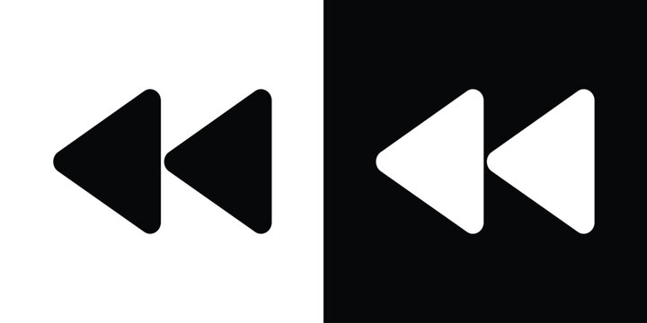 Vector flat icon of a double left arrow or fast backward symbol. Minimalist media player control button for rewind, previous track, and video navigation in black and white.