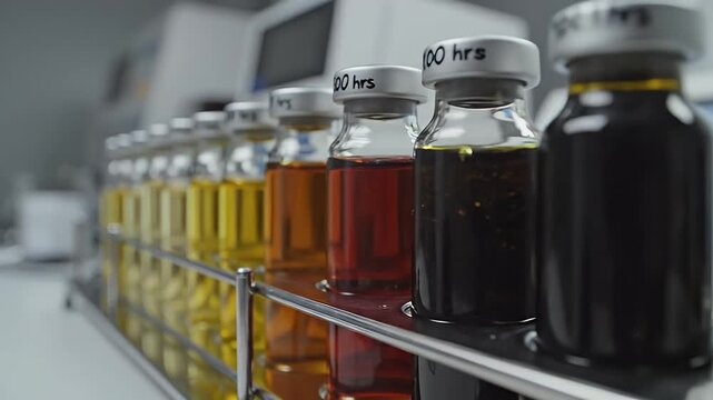 Oil Aging Study - A row of glass vials containing oil samples are displayed on a metal rack, showing progressive aging effects. The vials are labelled with time intervals indicating hours.