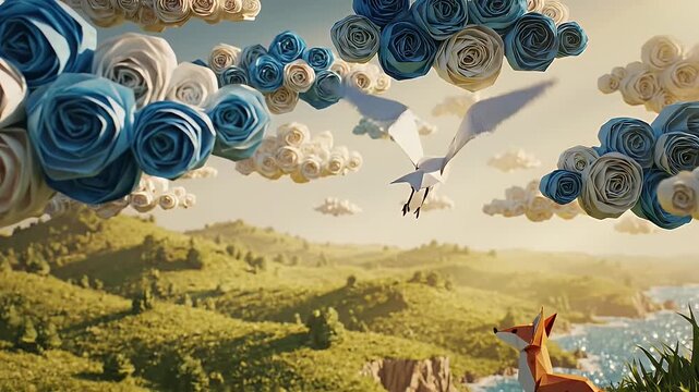 Origami Fox and Crane Landscape - A low-poly style origami fox stands on a grassy cliff overlooking a green, rolling landscape with a white origami crane flying in the sky.