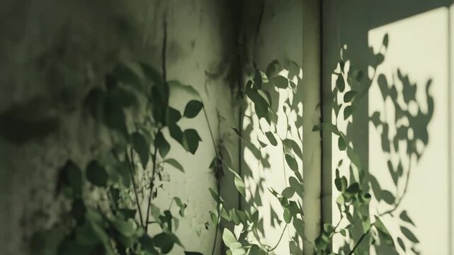 Green vine with small leaves climbing a cracked concrete wall, bathed in sunlight that casts abstract window shadows and organic patterns across the textured surface