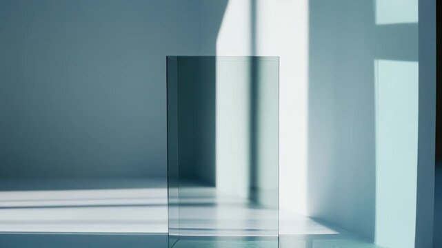 Transparent glass rectangular prism standing on a smooth surface, interacting with natural light, casting subtle shadows and reflections in a serene, empty studio interior
