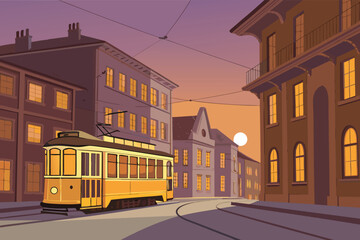 Naklejka premium Tram Line Old Town Evening