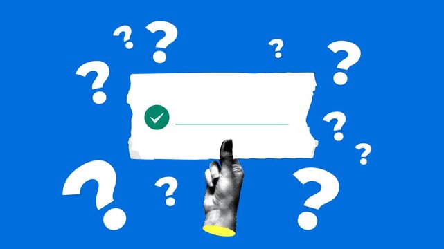 Halftone hand holds piece of paper with check mark and a place for an answer. Question marks around. Question and answer. Problem and solution concept. Collage animation for quiz with copy space