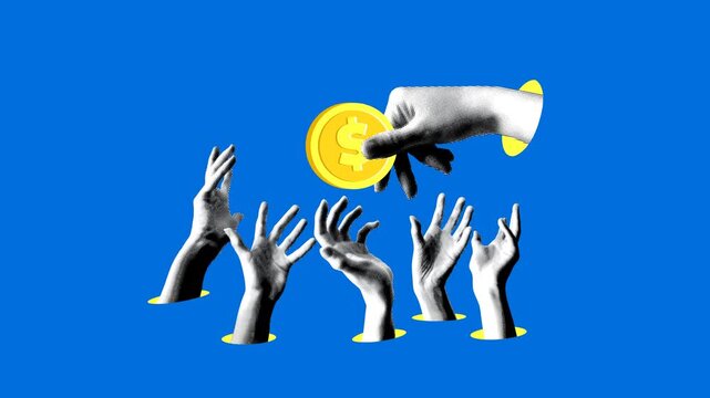 Large halftone hand holding money in front of a crowd of poor people. Concept of poverty, power and people management. Low wages in third world countries. Cash bribe. Collage animation