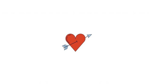 Red heart pierced by cupid arrow 2D cartoon object animation. Valentines day romance. Affectionate emotion. Love passion. Romantic heartshaped animated flat colorful item 4K video isolated on white