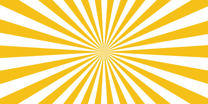 A bright yellow and orange sunburst vector illustration featuring radial sunrays and a sunny starburst pattern for a hot summer sunrise wallpaper design