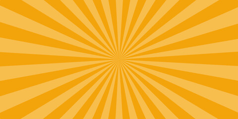 Fototapeta premium A vibrant orange and yellow summer sunrise background features a warm sunburst design with hot glowing sunbeams and radial vector rays bursting across the sunny sky illustration
