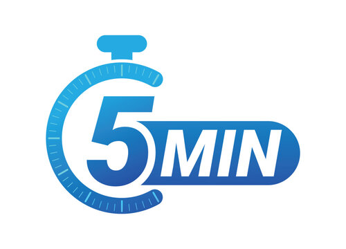 Five minutes countdown timer with stopwatch symbol on white background. Clean modern vector logo illustration for productivity and time management.