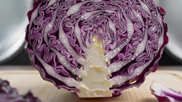 Close-up of finely sliced purple cabbage arranged in a circular pattern on a cutting board showcasing intricate leaf details and