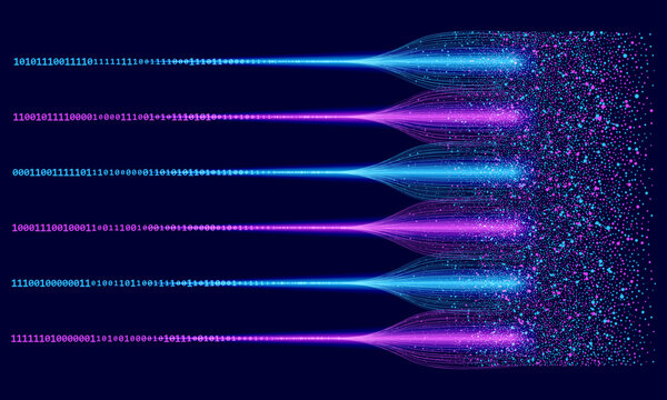 Abstract visualization of particles in chaos transforming into ordered binary data. Represents artificial intelligence, machine learning, big data processing and futuristic information flow.