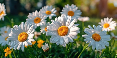 Fototapeta premium Daisy flowers in full bloom in garden under the sunlight