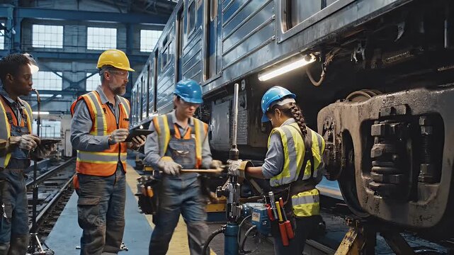 Train Maintenance and Inspection - A diverse team of maintenance workers are inspecting and repairing a train inside a large industrial facility.