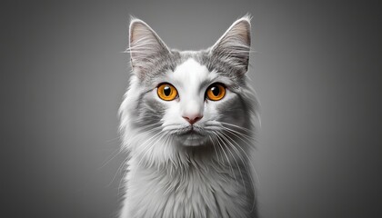 Stunning Turkish Angora Cat Portrait with Bright Amber Eyes and Soft, Fluffy Fur on Grey Background
