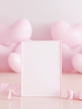 Pink frame ribbon bow and heart balloons on a pink surface. Suitable for valentines day, birthdays, celebrations, or lovethemed designs. Perfect for greeting cards, invitations, social media posts, an