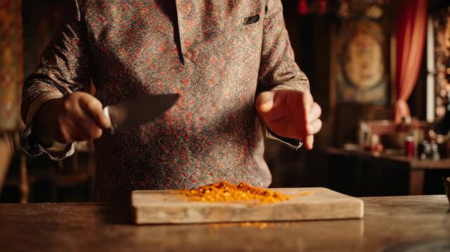 Indian Chef in Traditional Attire Prepares Spices in Authentic Restaurant Setting