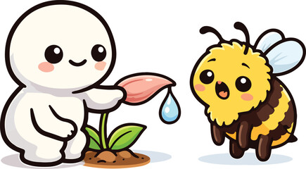 Obraz premium Cute Character Watering Plant With Bee Cartoon