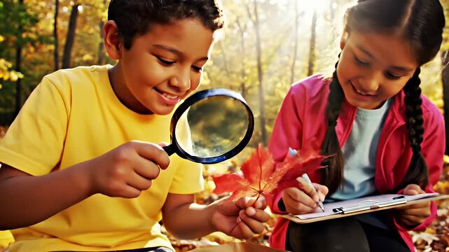 Children Exploring Nature with Magnifying Glass - Two children are exploring nature. A boy examines a red maple leaf through a magnifying glass, while a girl is recording notes or sketching on a
